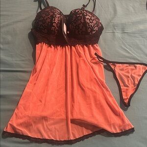 Fashion Nova Lace Trim Babydoll Set Blush and Black